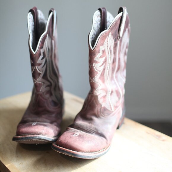 Laredo maroon leather topstich square toe western  cowboy boots womens 10 - Picture 6 of 9
